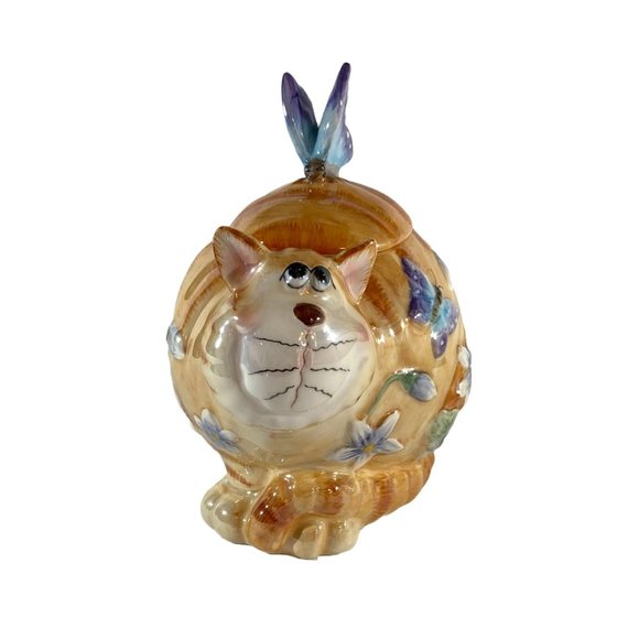 Unique Vintage Accents Vintage Chonky Ginger Cat Jar Wbutterflies